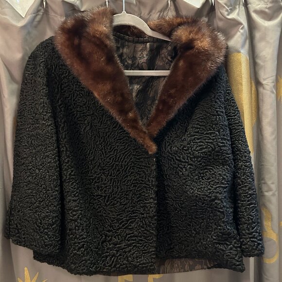 Vintage Max Bogen Black Persian Lamb Swirl Jacket with Real Mink Fur Collar S/M - Picture 1 of 9